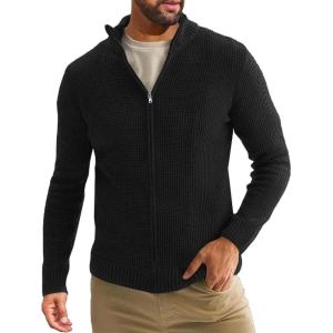 imageRuncati Mens Full Zip Cardigan Sweater Casual Waffle Stand Collar Knitted Winter Chunky SweatersBlack