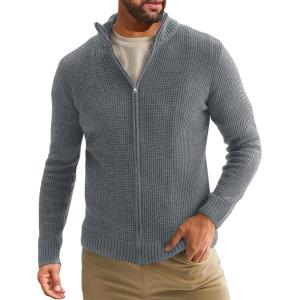 imageRuncati Mens Full Zip Cardigan Sweater Casual Waffle Stand Collar Knitted Winter Chunky SweatersGray