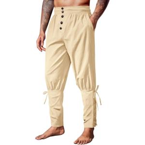 imageRuncati Mens Medieval Pirate Pants Renaissance Ankle Banded Viking Ren Faire Pants Lace Up Halloween Costume TrousersBeige