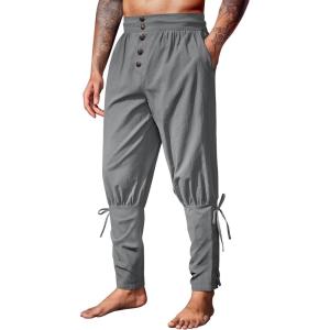 imageRuncati Mens Medieval Pirate Pants Renaissance Ankle Banded Viking Ren Faire Pants Lace Up Halloween Costume TrousersDark Grey
