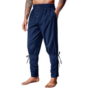 imageRuncati Mens Medieval Pirate Pants Renaissance Ankle Banded Viking Ren Faire Pants Lace Up Halloween Costume TrousersNavy Blue