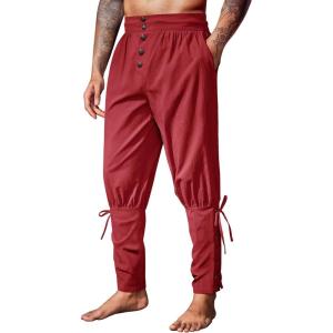 imageRuncati Mens Medieval Pirate Pants Renaissance Ankle Banded Viking Ren Faire Pants Lace Up Halloween Costume TrousersRed