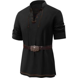 imageRuncati Mens Medieval Pirate Shirt Renaissance Viking Long Sleeve Shirts Lace Up Scottish Halloween Costume TopsBlack