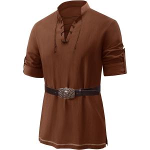 imageRuncati Mens Medieval Pirate Shirt Renaissance Viking Long Sleeve Shirts Lace Up Scottish Halloween Costume TopsBrown