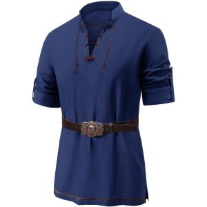 imageRuncati Mens Medieval Pirate Shirt Renaissance Viking Long Sleeve Shirts Lace Up Scottish Halloween Costume TopsNavy Blue