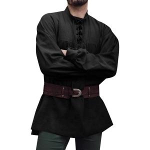 imageRuncati Mens Medieval Pirate Shirt Steampunk Viking Renaissance Long Sleeve Lace Up Scottish Halloween Costume TopsBlack