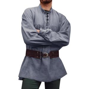 imageRuncati Mens Medieval Pirate Shirt Steampunk Viking Renaissance Long Sleeve Lace Up Scottish Halloween Costume TopsGray