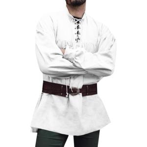 imageRuncati Mens Medieval Pirate Shirt Steampunk Viking Renaissance Long Sleeve Lace Up Scottish Halloween Costume TopsWhite