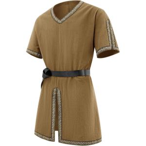 imageRuncati Mens Medieval Pirate Tunic Renaissance Viking Knight Costume Linen Short Sleeve LARP Halloween TopsBrown