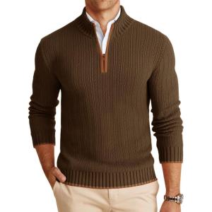 imageRuncati Mens QuarterZip Pullover Sweater Casual Mock Neck Knitted Winter Warm Ribbed Polo SweatersBrown