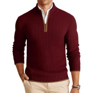 imageRuncati Mens QuarterZip Pullover Sweater Casual Mock Neck Knitted Winter Warm Ribbed Polo SweatersWine Red