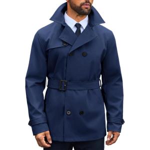 imageRuncati Mens Trench Coat Double Breasted Notched Lapel Jacket Casual Belted Windbreaker OvercoatNavy