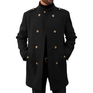 imageRuncati Mens Trench Coat Double Breasted Stand Collar Pea Coat Casual Fall Winter Warm Mid Long OvercoatBlack