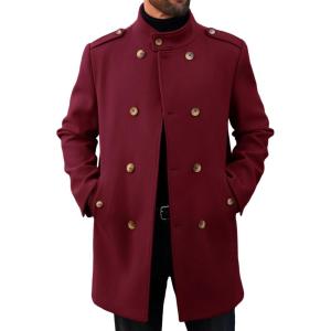 imageRuncati Mens Trench Coat Double Breasted Stand Collar Pea Coat Casual Fall Winter Warm Mid Long OvercoatBurgundy