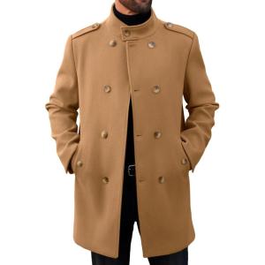 imageRuncati Mens Trench Coat Double Breasted Stand Collar Pea Coat Casual Fall Winter Warm Mid Long OvercoatKhaki