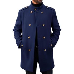 imageRuncati Mens Trench Coat Double Breasted Stand Collar Pea Coat Casual Fall Winter Warm Mid Long OvercoatNavy Blue