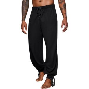 imageRuncati Mens Banded Ankle Pants Medieval Renaissance Viking Pirate Lace Up Halloween Cotton Gothic Costume TrousersBlack