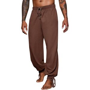 imageRuncati Mens Banded Ankle Pants Medieval Renaissance Viking Pirate Lace Up Halloween Cotton Gothic Costume TrousersBrown