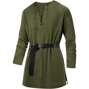imageRuncati Mens Medieval Pirate Costume Tunic Renaissance Viking Lace Up Cotton Shirts Knight Warrior LARP Halloween TopsArmy Green