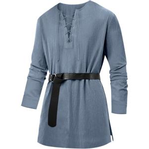 imageRuncati Mens Medieval Pirate Costume Tunic Renaissance Viking Lace Up Cotton Shirts Knight Warrior LARP Halloween TopsGrey