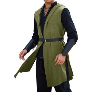 imageRuncati Mens Renaissance Costume Hooded Surcoat Medieval Knight Sleeveless Tunic Tops Tabard Viking Holloween CloakArmy Green