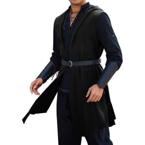 imageRuncati Mens Renaissance Costume Hooded Surcoat Medieval Knight Sleeveless Tunic Tops Tabard Viking Holloween CloakBlack