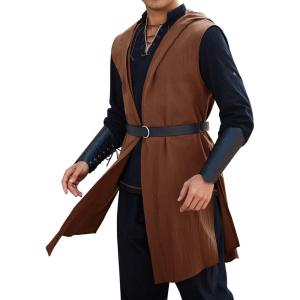 imageRuncati Mens Renaissance Costume Hooded Surcoat Medieval Knight Sleeveless Tunic Tops Tabard Viking Holloween CloakBrown