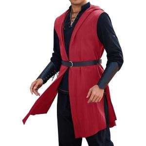 imageRuncati Mens Renaissance Costume Hooded Surcoat Medieval Knight Sleeveless Tunic Tops Tabard Viking Holloween CloakBurgundy