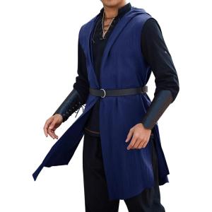 imageRuncati Mens Renaissance Costume Hooded Surcoat Medieval Knight Sleeveless Tunic Tops Tabard Viking Holloween CloakNavy Blue