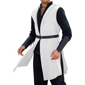 imageRuncati Mens Renaissance Costume Hooded Surcoat Medieval Knight Sleeveless Tunic Tops Tabard Viking Holloween CloakWhite