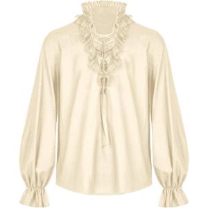imageRuncati Mens Ruffle Pirate Shirts Lace Medieval Renaissance Vampire Poet Shirt Gothic Steampunk Victorian CostumeBeige