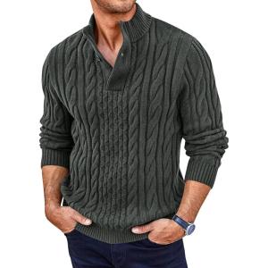 imageRuncati Mens Cable Knit Pullover Sweater Casual Stand Collar Chunky Buttons Fall Winter SweatersDark Grey