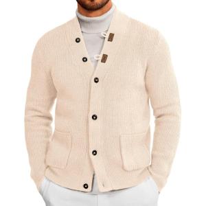imageRuncati Mens Cardigan Sweater Casual V Neck Button Down Cardigan Ribbed Knitted Winter Chunky Sweaters with PocketsApricot