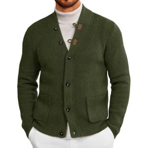 imageRuncati Mens Cardigan Sweater Casual V Neck Button Down Cardigan Ribbed Knitted Winter Chunky Sweaters with PocketsArmy Green