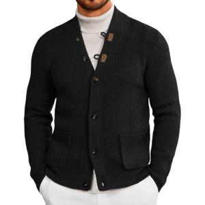 imageRuncati Mens Cardigan Sweater Casual V Neck Button Down Cardigan Ribbed Knitted Winter Chunky Sweaters with PocketsBlack