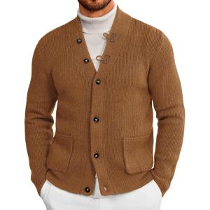 imageRuncati Mens Cardigan Sweater Casual V Neck Button Down Cardigan Ribbed Knitted Winter Chunky Sweaters with PocketsBrown