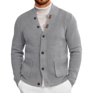 imageRuncati Mens Cardigan Sweater Casual V Neck Button Down Cardigan Ribbed Knitted Winter Chunky Sweaters with PocketsGray