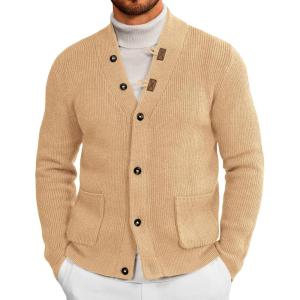 imageRuncati Mens Cardigan Sweater Casual V Neck Button Down Cardigan Ribbed Knitted Winter Chunky Sweaters with PocketsKhaki
