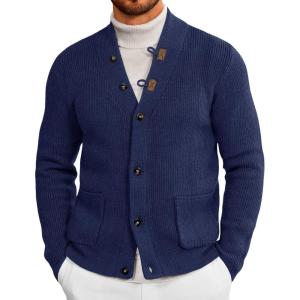 imageRuncati Mens Cardigan Sweater Casual V Neck Button Down Cardigan Ribbed Knitted Winter Chunky Sweaters with PocketsNavy