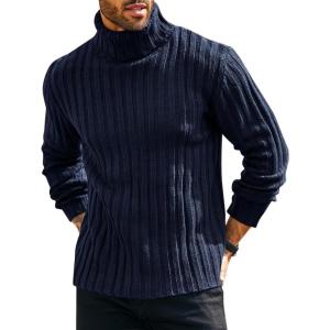 imageRuncati Mens Chunky Turtleneck Sweaters Cable Knitted Casual Slim Fit Fall Winter Warm Pullover SweaterNavy