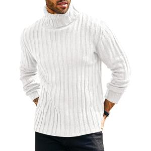 imageRuncati Mens Chunky Turtleneck Sweaters Cable Knitted Casual Slim Fit Fall Winter Warm Pullover SweaterWhite