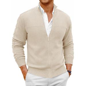imageRuncati Mens Full Zip Cardigan Sweater Casual Mock Neck Cable Knitted Winter Chunky SweatersBeige