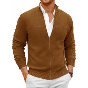 imageRuncati Mens Full Zip Cardigan Sweater Casual Mock Neck Cable Knitted Winter Chunky SweatersBrown