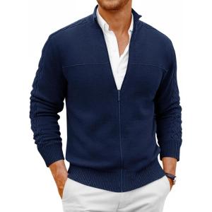 imageRuncati Mens Full Zip Cardigan Sweater Casual Mock Neck Cable Knitted Winter Chunky SweatersNavy
