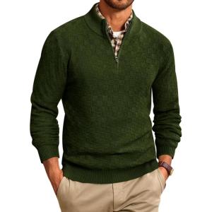 imageRuncati Mens Quarter Zip Pullover Sweater Casual Mock Neck Slim Fit Checkered Knitted Polo SweatersArmy Green