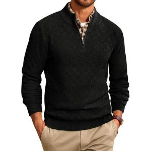 imageRuncati Mens Quarter Zip Pullover Sweater Casual Mock Neck Slim Fit Checkered Knitted Polo SweatersBlack