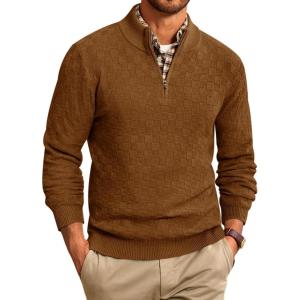 imageRuncati Mens Quarter Zip Pullover Sweater Casual Mock Neck Slim Fit Checkered Knitted Polo SweatersBrown