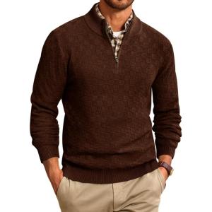 imageRuncati Mens Quarter Zip Pullover Sweater Casual Mock Neck Slim Fit Checkered Knitted Polo SweatersCoffee