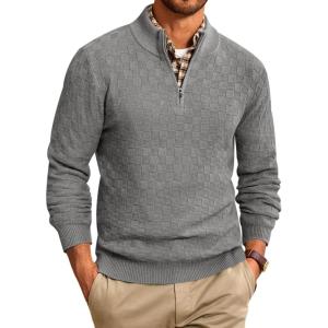 imageRuncati Mens Quarter Zip Pullover Sweater Casual Mock Neck Slim Fit Checkered Knitted Polo SweatersGrey