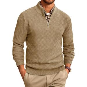 imageRuncati Mens Quarter Zip Pullover Sweater Casual Mock Neck Slim Fit Checkered Knitted Polo SweatersKhaki